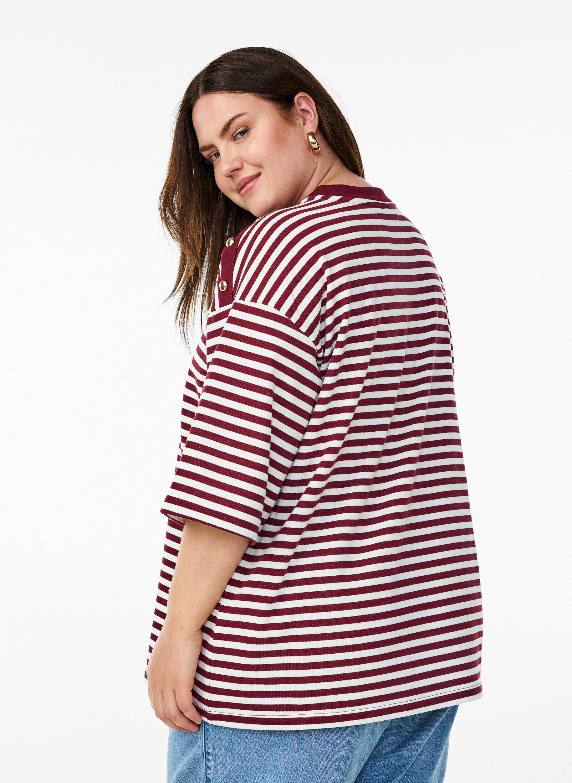 Zizzi Stripete bluse med 3/4-ermer og knappedetaljer, R&oslash;d, Model image number 2