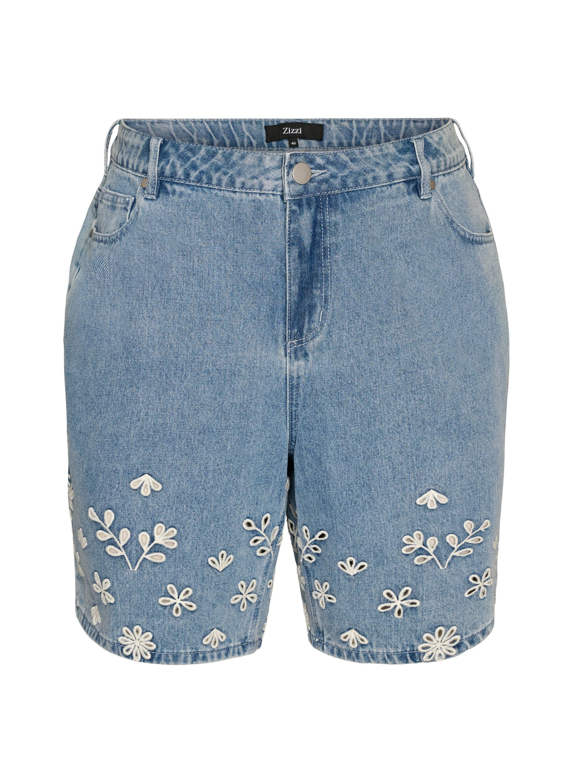 Denimshorts med broderie anglaise og h&oslash;y midje