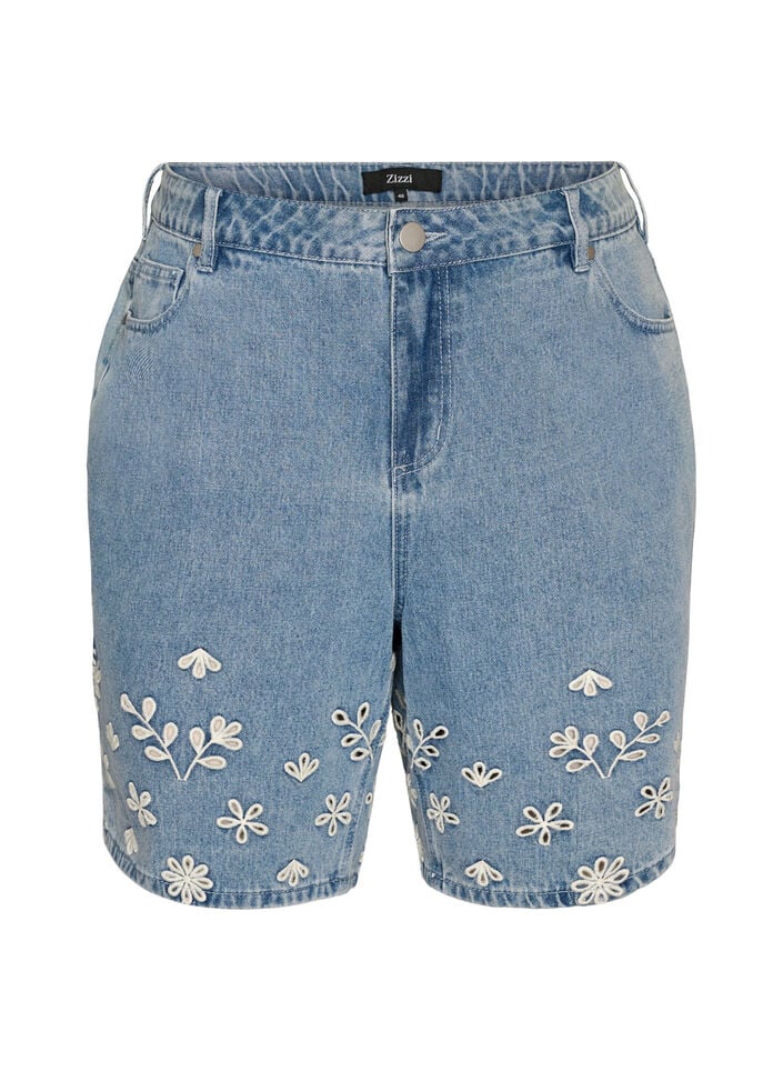 Denimshorts med broderie anglaise og h&oslash;y midje, Bl&aring;, Packshot image number 0
