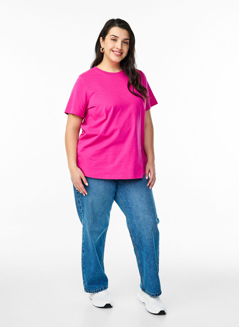 Basic T-skjorte i bomull med rund hals, Rose Violet, Model