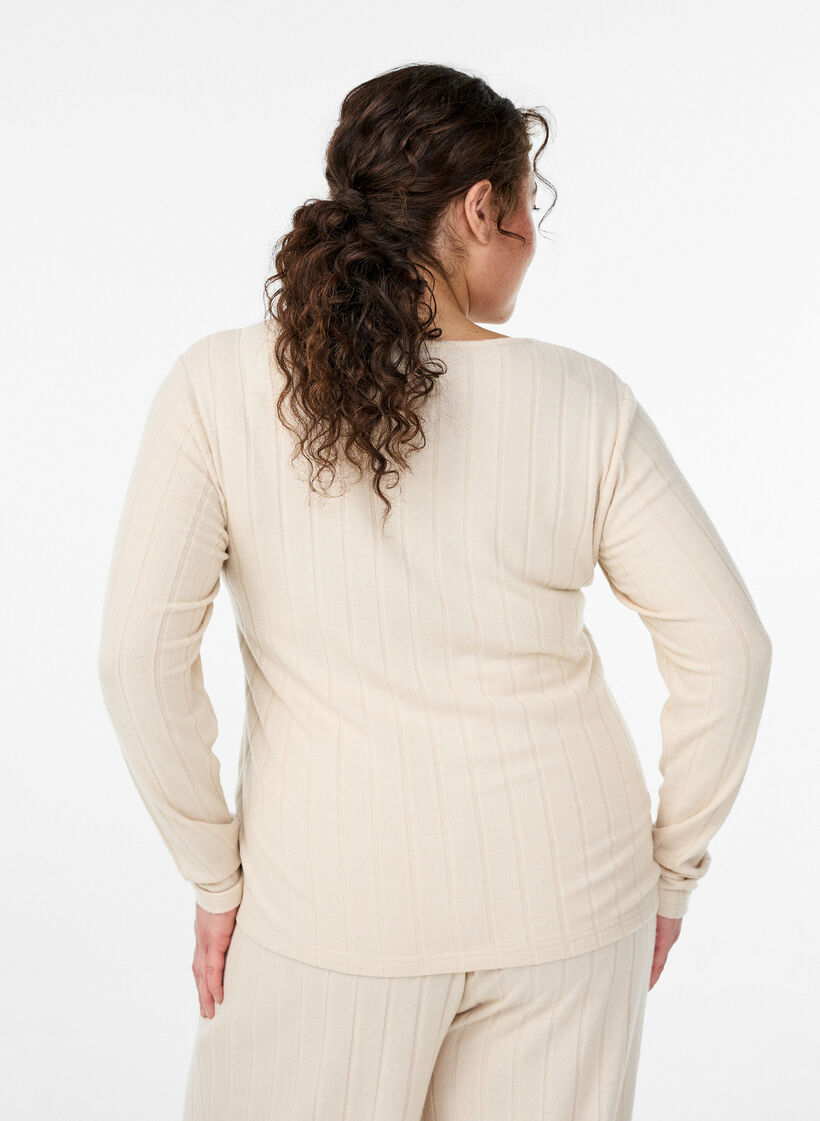 Jerseybluse med firkantet hals og ribbet tekstur, Beige, Model image number 2