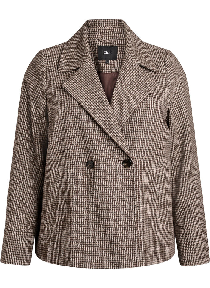 Kort blazer med dobbeltradede knapper, Brown Check , Packshot