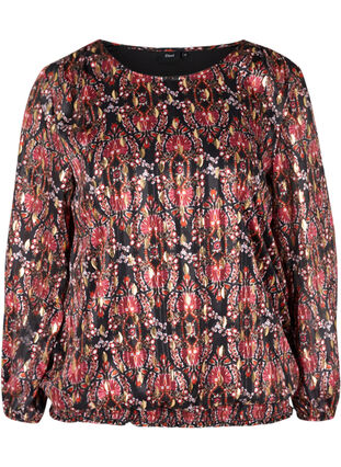 Mønstrete bluse med lange ermer og smock, Black Oriental, Packshot image number 0