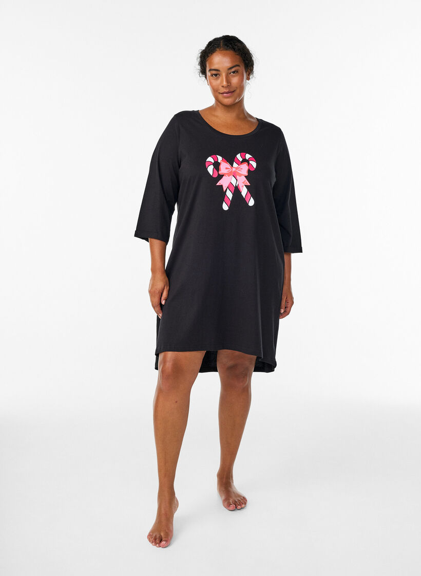 Nattkjole i organisk bomull med julemotiv, Svart, Model image number 1