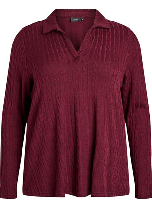 Zizzi Strikkebluse med krage og flettemønster, Mørk Bordeaux, Packshot image number 0