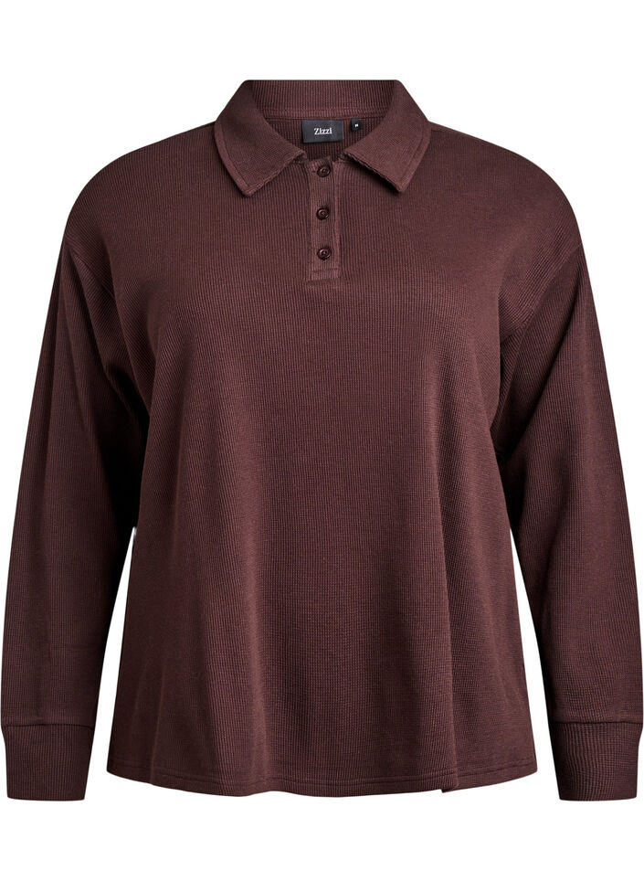 Ribbestrikket jersey poloskjorte med lange ermer, Brun, Packshot image number 0