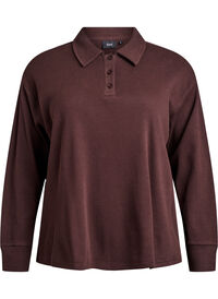 Ribbestrikket jersey poloskjorte med lange ermer, Brun Ribbestrikket jersey poloskjorte med lange ermer