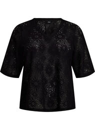 Bluse med et åpent mønster og korte ermer, Black