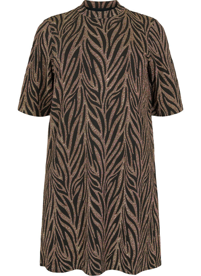 Mønstrete kjole med glitter og korte ermer, Black Lurex AOP, Packshot image number 0