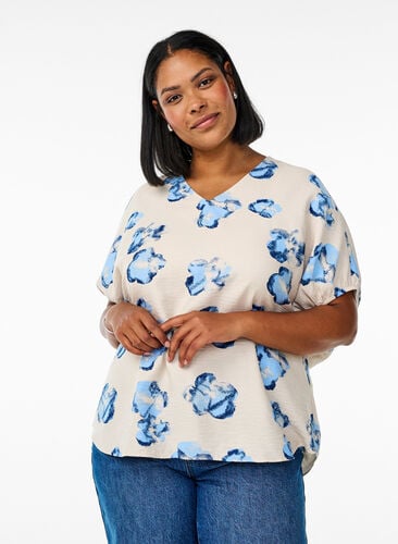 Zizzi Løs bluse med trykk og V-hals, Hvit, Model image number 0