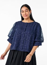 Fest bluse med paljetter og 1/2 ermer, Blå Fest bluse med paljetter og 1/2 ermer, Blå, Model