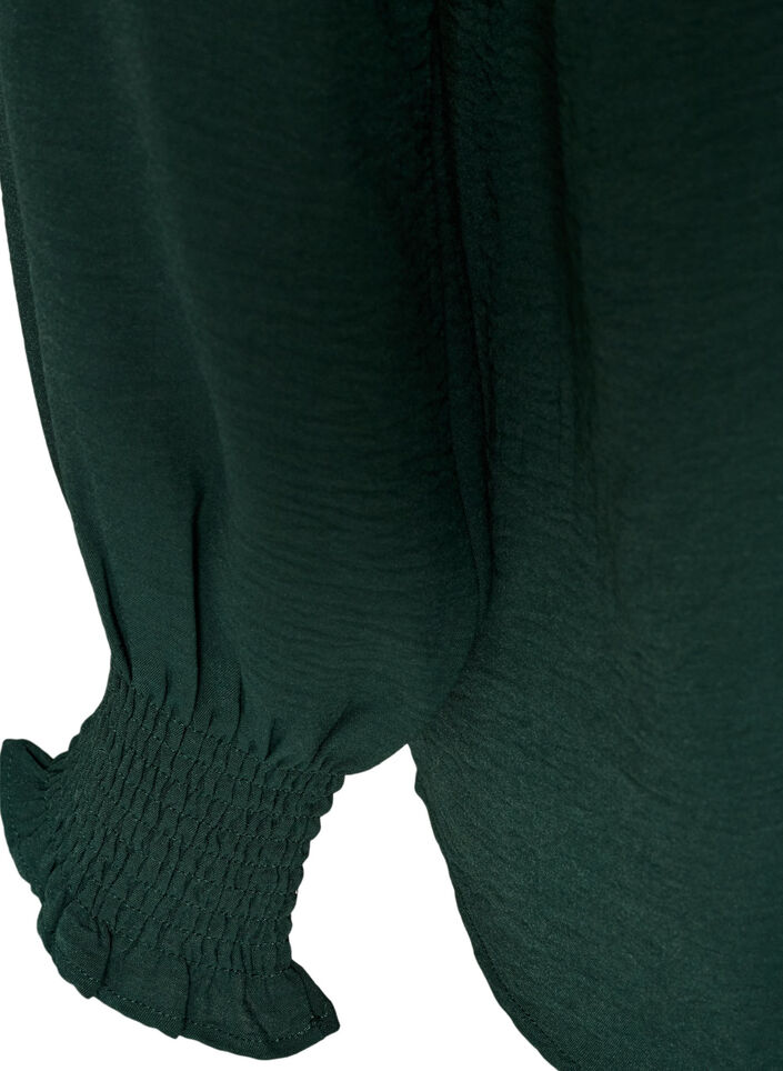Bluse med smockmansjetter og V-hals, Gr&oslash;nn, Packshot image number 3
