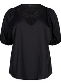 Kortermet bluse med blondedetalj, Black Kortermet bluse med blondedetalj