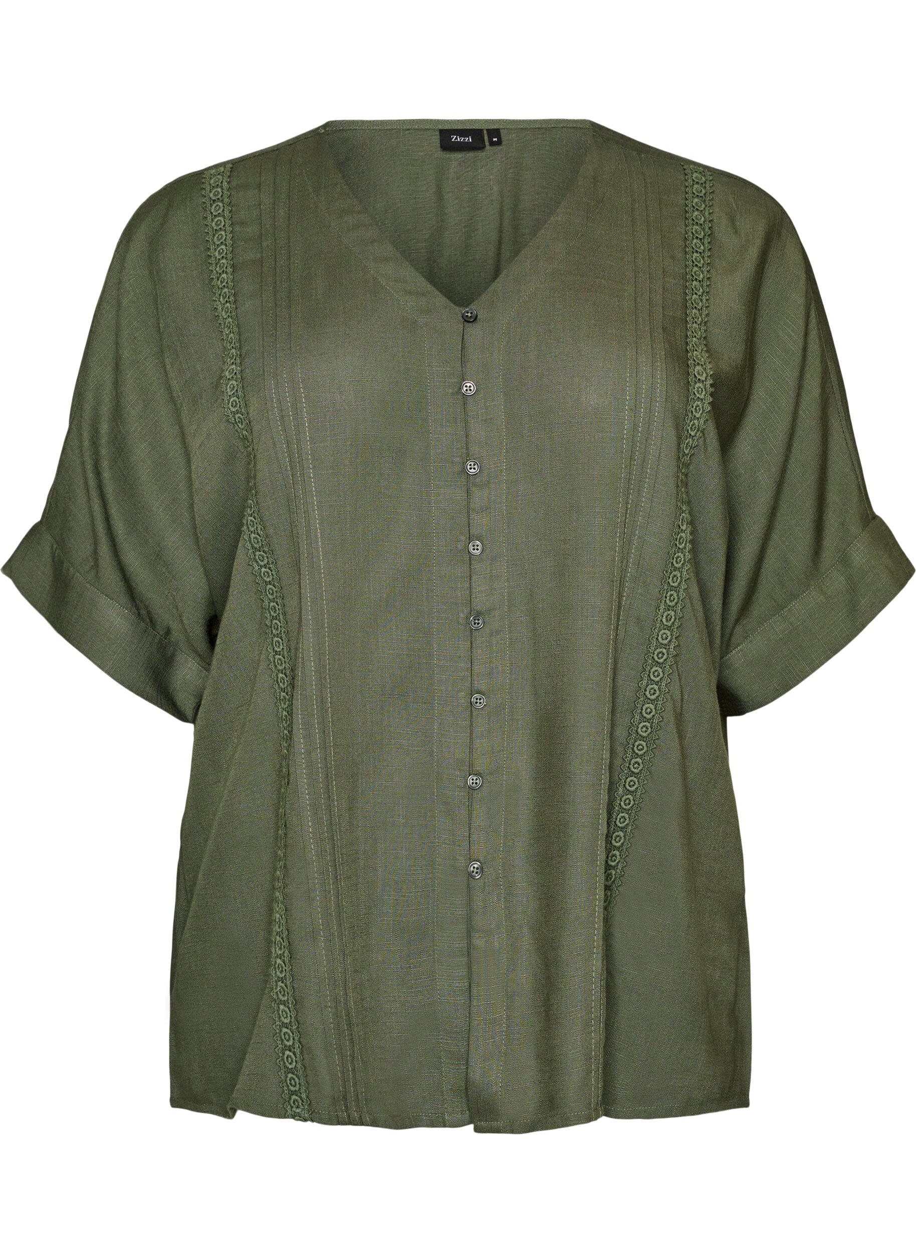 ZizziViskosebluse med heklet kant og knapper, Gr&oslash;nn, Packshot image number 0