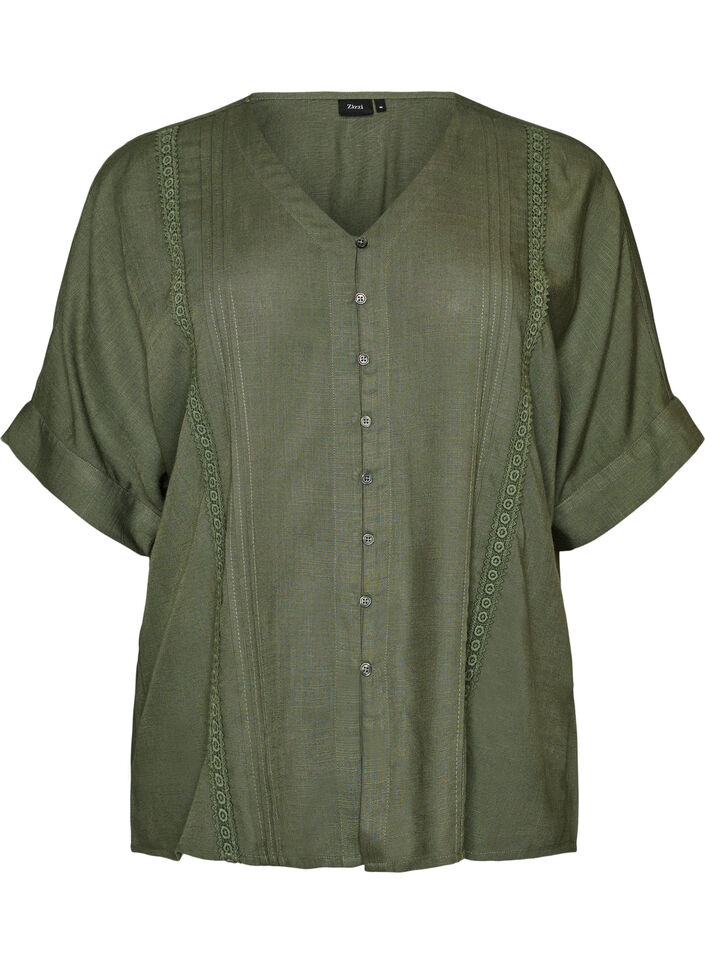 Viskosebluse med heklet kant og knapper, Gr&oslash;nn, Packshot image number 0