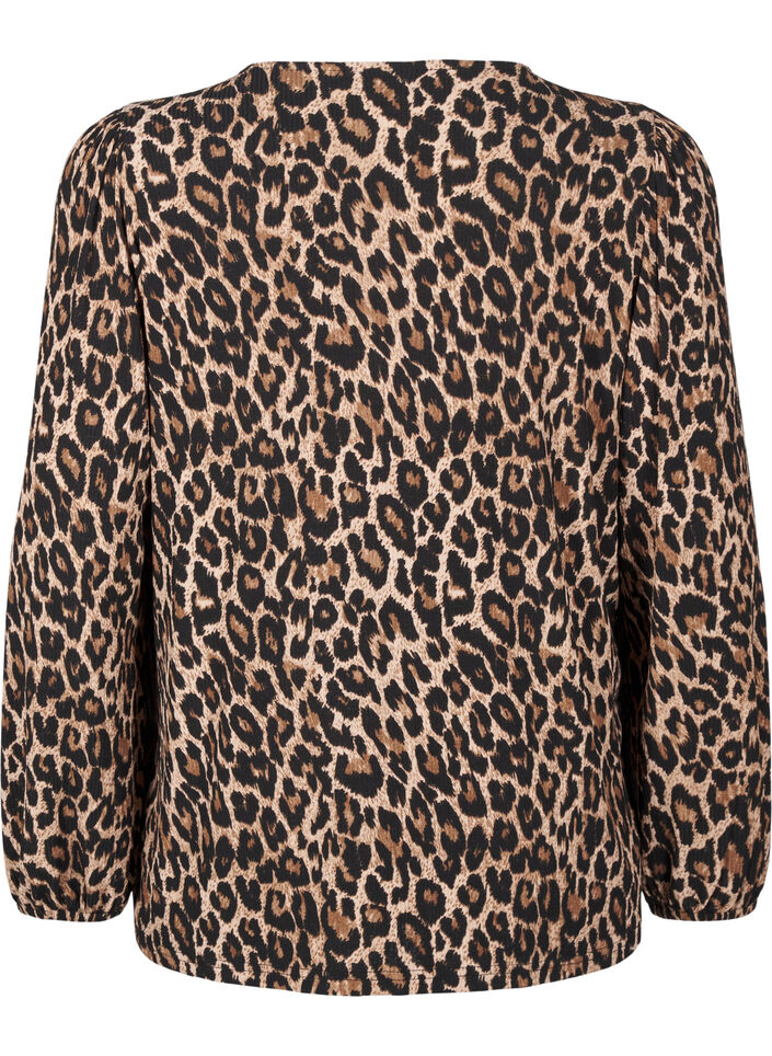 Bluse med lange ermer og leopardmønster, Brun, Packshot image number 1