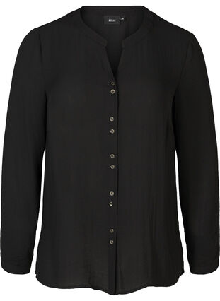 Skjortebluse med V-hals og knapper, Black, Packshot image number 0