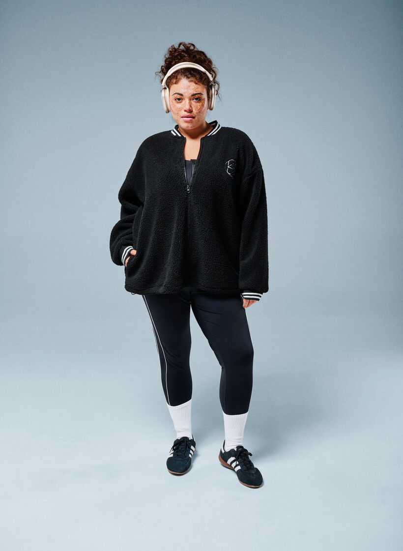 Teddyfleece jakke med stripete detaljer, Svart, Image image number 0