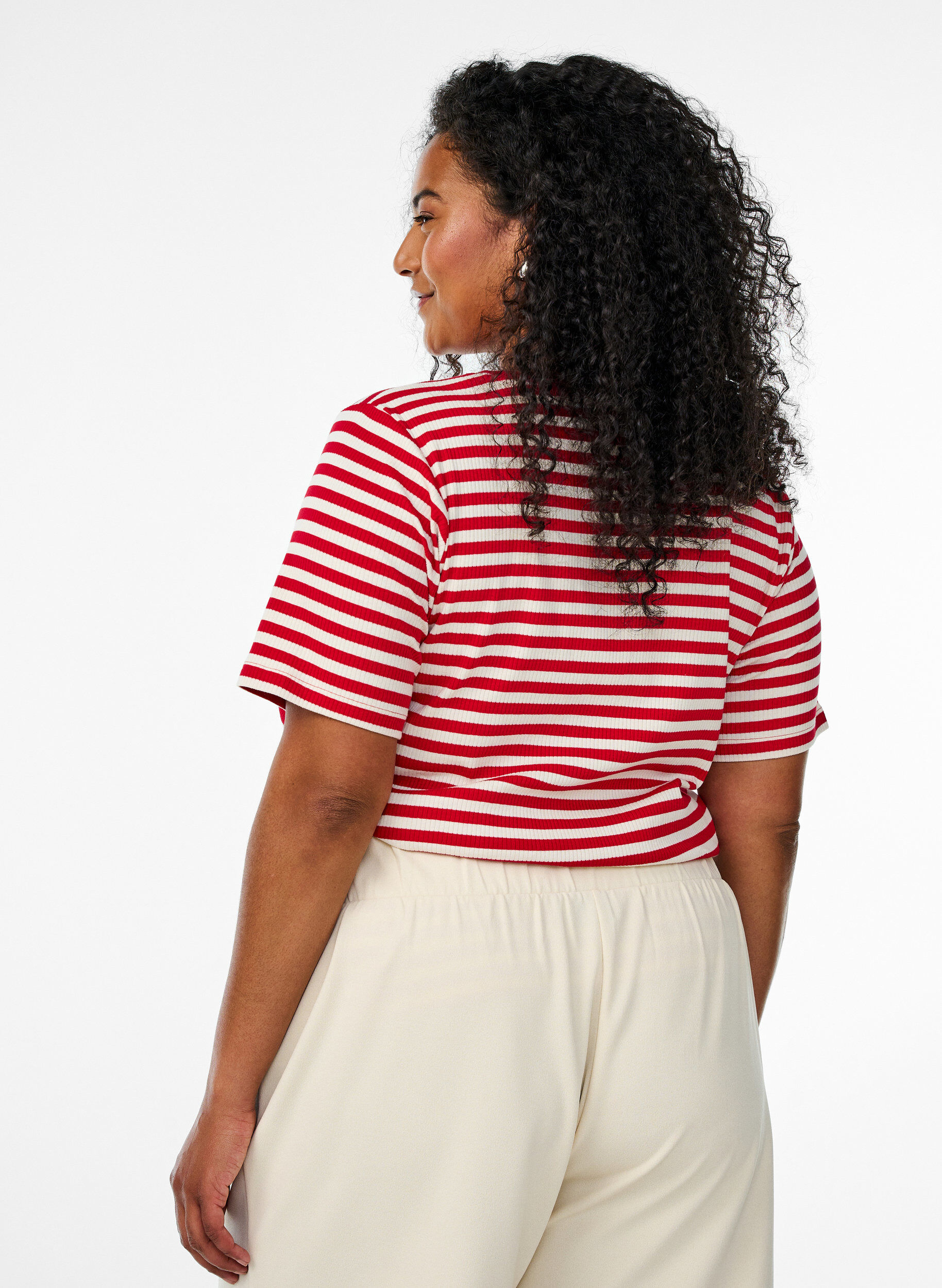 ZizziT-shirt med striper og ribbestrikket struktur, R&oslash;d, Model image number 2