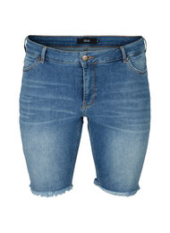Denimshorts med høyt liv og rå kanter, Dark blue denim