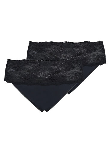 G-streng med bred blondekant, 2 stk., Black, Packshot image number 0