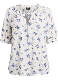 Blomstret viskosebluse med halvlange ermer, Hvit Blomstret viskosebluse med halvlange ermer