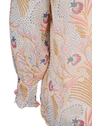 Blomstrete bluse med lange ermer og V-hals, Yellow/Pink AOP, Packshot image number 3