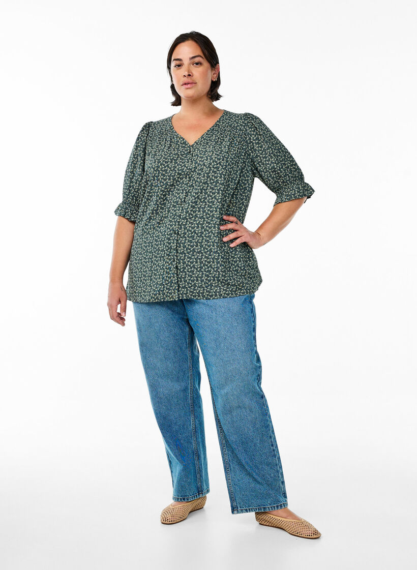 Skjortebluse med 1/2 ermer, Gr&oslash;nn, Model image number 1