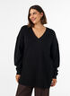 Lang ribbestrikket bluse med V-hals, Svart, Model image number 0