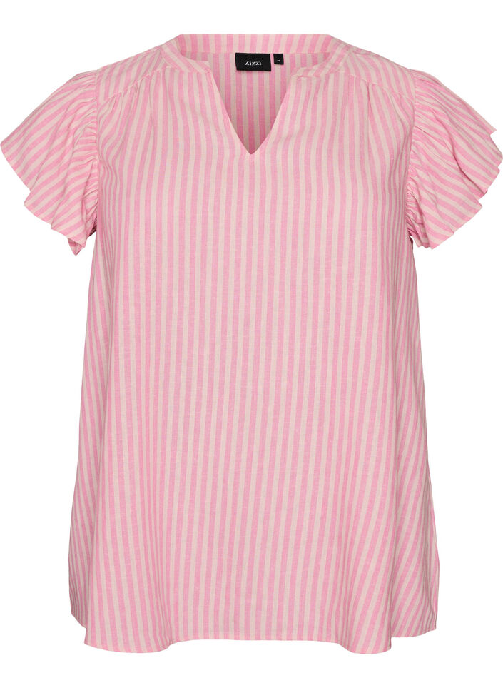 Bluse i viskose og lin med volangermer, Rosa, Packshot image number 0