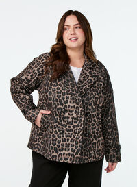 Dobbeltradet blazerjakke med leopardmønster, Brun Dobbeltradet blazerjakke med leopardmønster, Brun, Model
