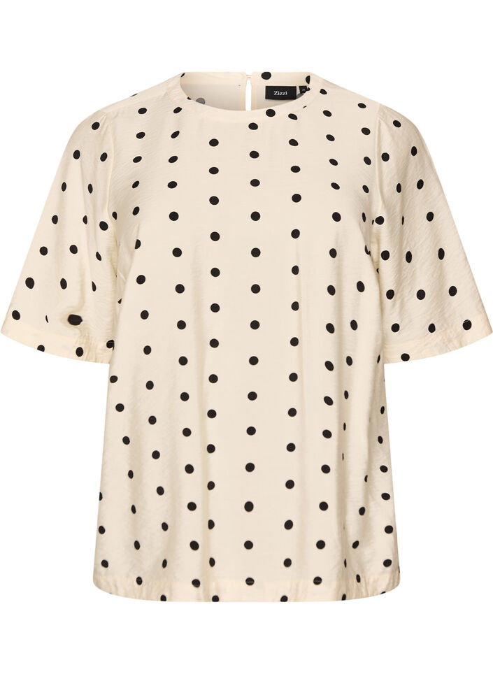 Viskose bluse med flekker og 1/2 ermer, Vanilje, Packshot image number 0