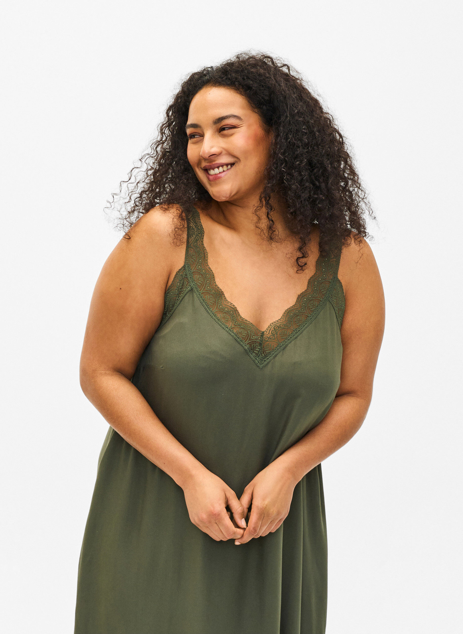 Zizzi Midilang kjole med stropper i viskose og blonder, Thyme, Model image number 2