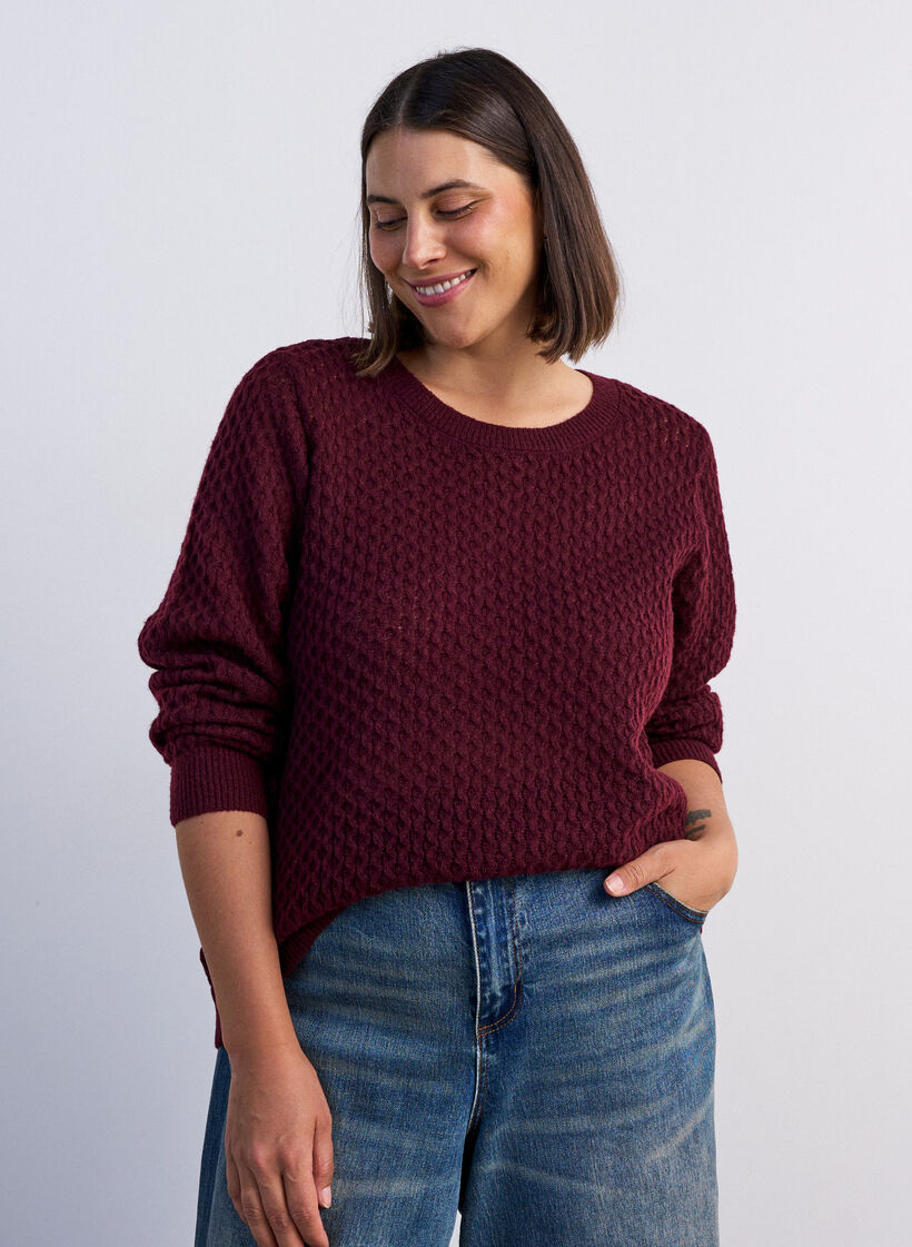 Strikkebluse med strukturert hullm&oslash;nster, R&oslash;d, Model image number 0