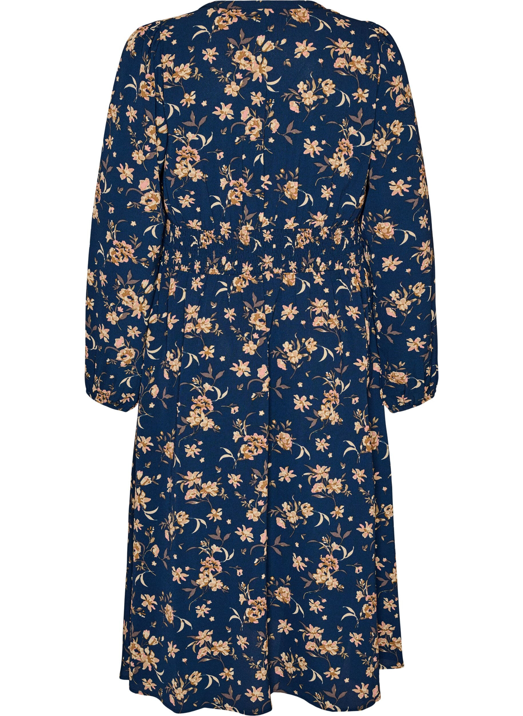 ZizziMidikjole med smock og dekorative knapper, Bl&aring;, Packshot image number 1