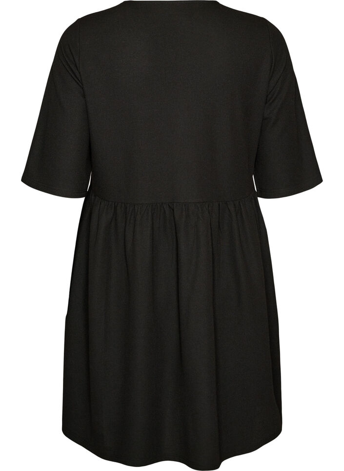Kjole med ribbet tekstur og empirelinje, Svart, Packshot image number 1
