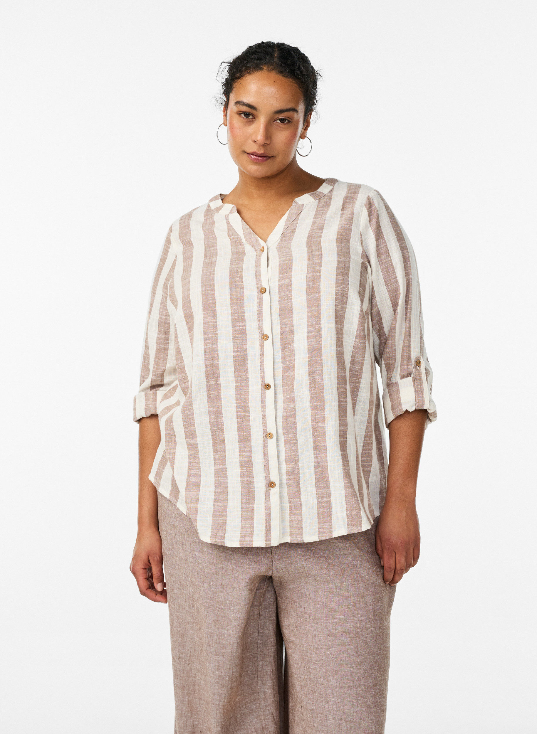 Bluse i bomull med V-hals, Beige, Model