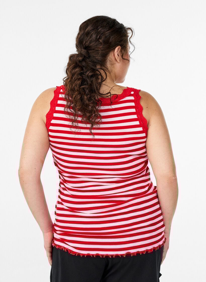 Stripete topp med ribbet tekstur og en blondekant, Rosa, Model image number 2