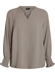 Bluse med smockmansjetter og V-hals, Beige