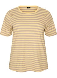T-shirt med striper og ribbestrikket struktur, Gul