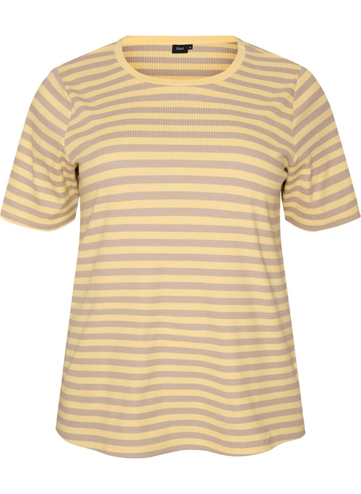 T-shirt med striper og ribbestrikket struktur, Gul, Packshot image number 0