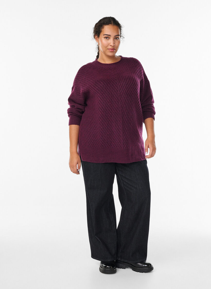 Strikkebluse med V-formet ribbem&oslash;nster og splitter, Lilla, Model image number 1