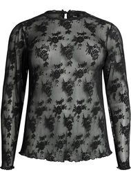 Langermet meshbluse med blondemønster, Black