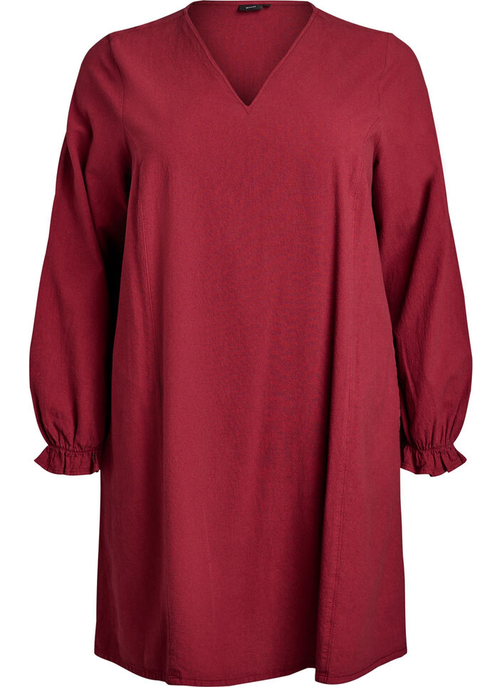 Kort bomullskjole med V-hals, Mørk Bordeaux, Packshot image number 0