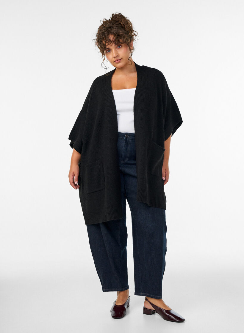 Cardigan med &aring;pen front og vide ermer, Svart, Model image number 1