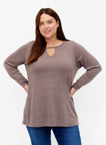 Melange bluse med lange ermer, Chestnut Mel. , Model image number 0