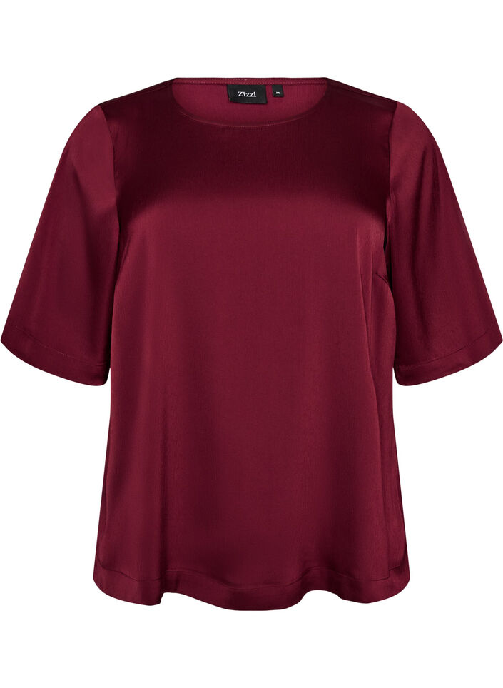 Satengbluse med albuelange ermer, R&oslash;d, Packshot image number 0