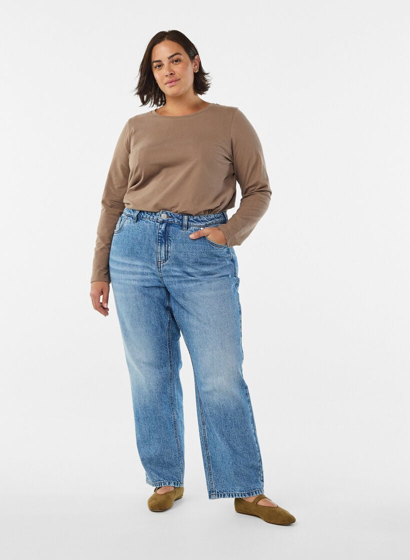 Basis jersey bluse med lange ermer, Brun, Model image number 1