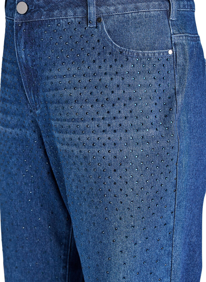 Straight fit jeans med rhinesteiner og høy midje, Dark Blue, Packshot