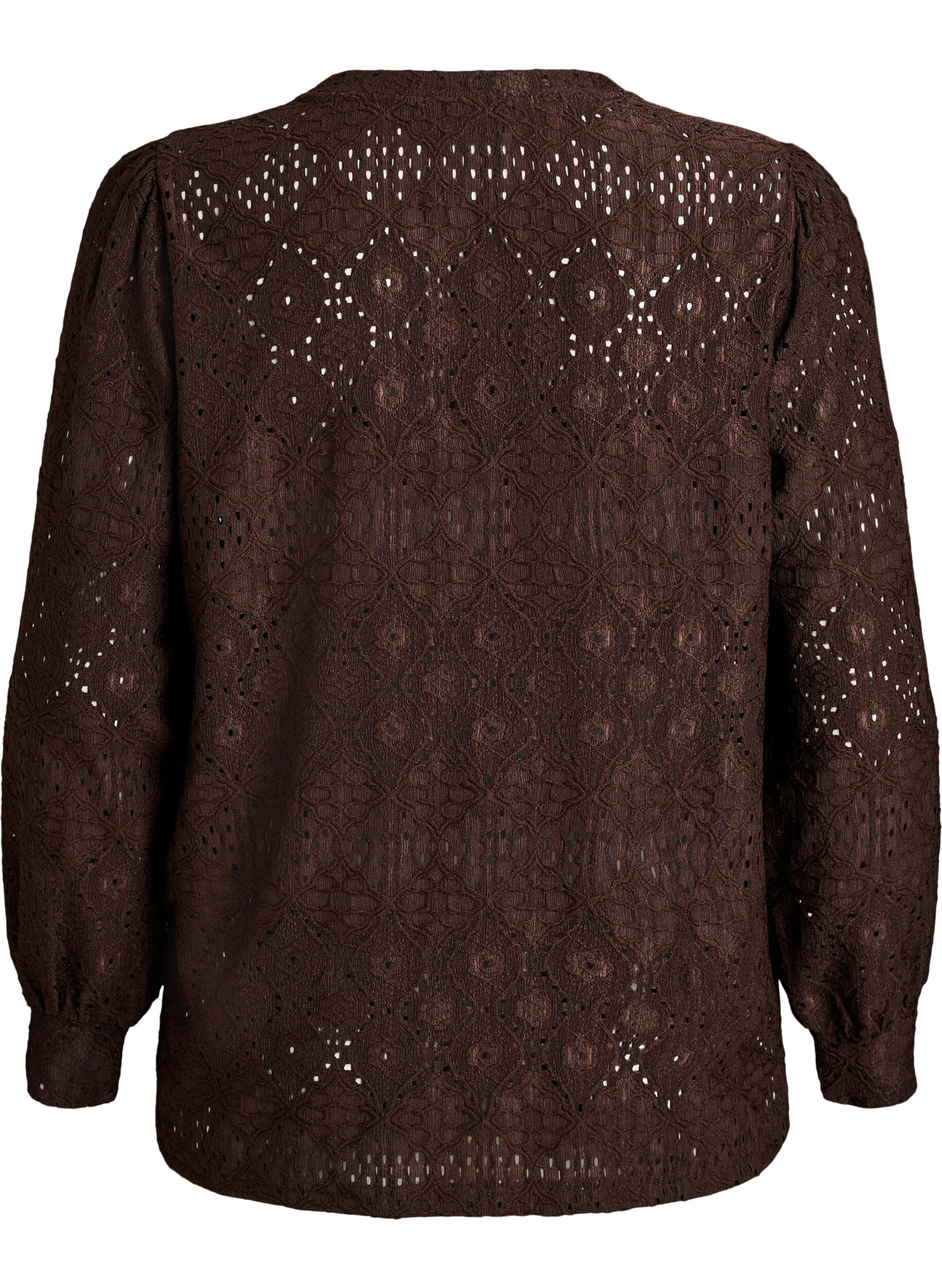 Zizzi Langermet bluse med hullbroderi, Brun, Packshot image number 1